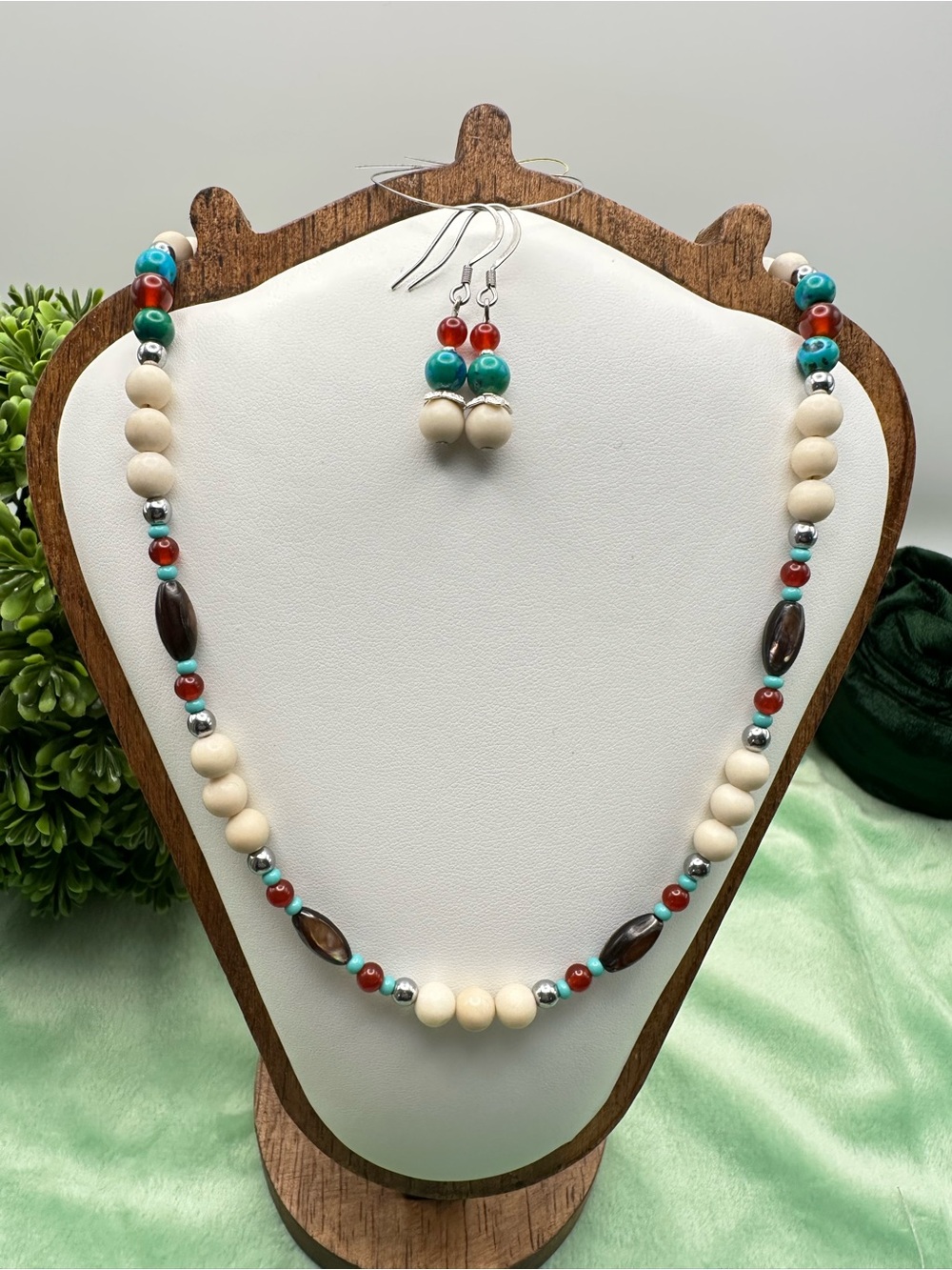Southwestern River Stone, Turquoise Azurite & Carnelian Beaded Necklace Earrings